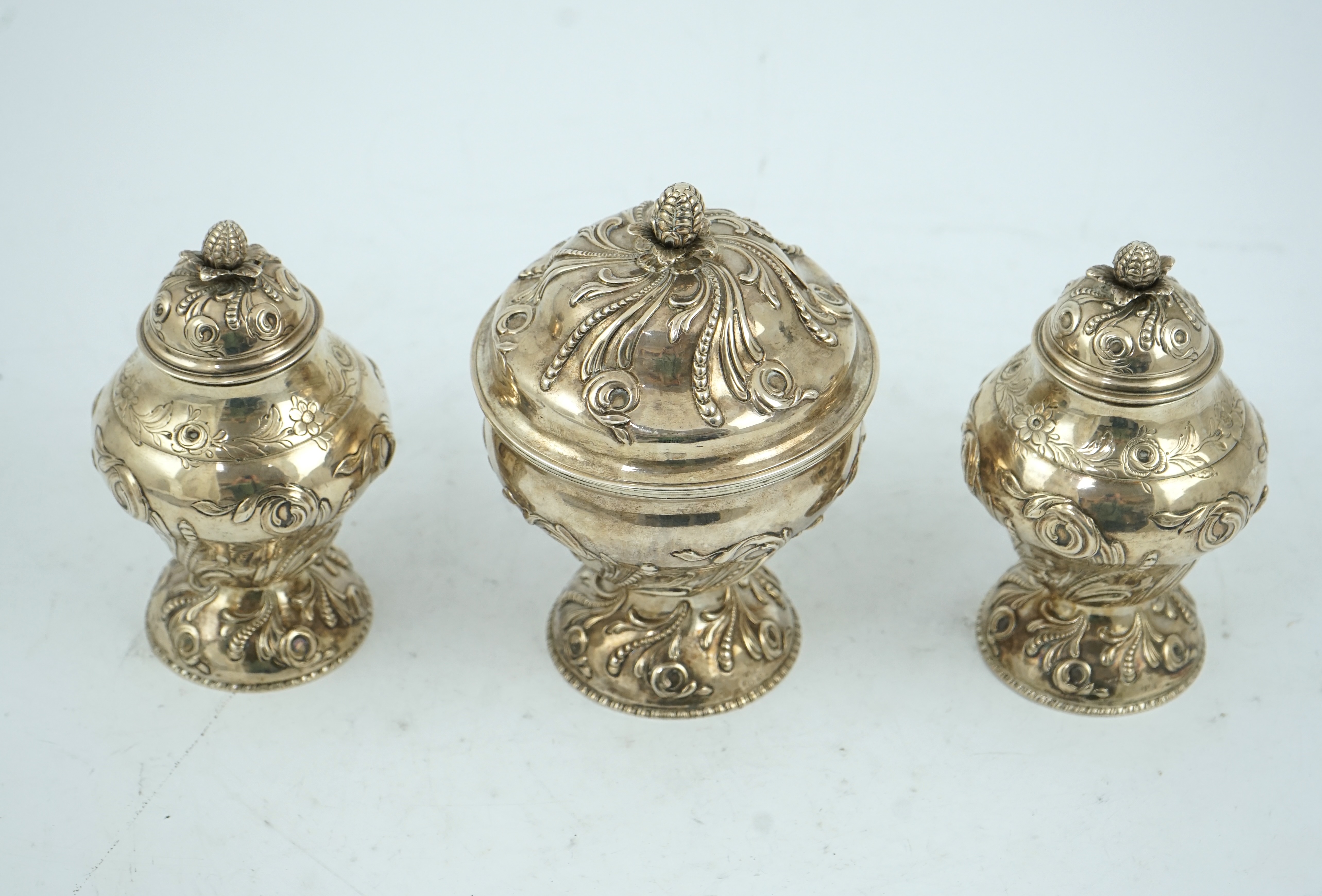 A pair of early George III silver tea caddies and a sugar bowl, by Samuel Taylor